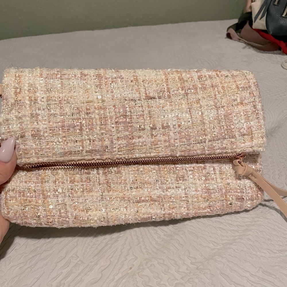 Pink and gold tweed clutch
